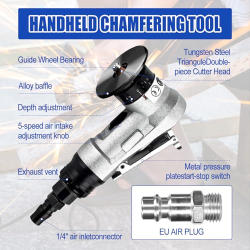 Mini Pneumatic Chamfering Machine, Handheld Beveling Machine Tool Pneumatic Chamfer Tool 45 Degree for Metal Wood Trimming Chamfer Deburring, Aluminum Alloy Shell (6*R+ 6*C Blade+6*Bearing) 6*R+ 6*C Blade+6*Bearing