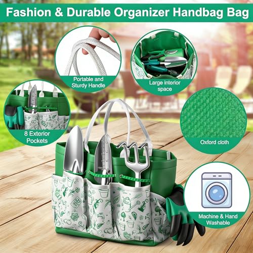 Gardening Tool Set Gifts for Women, Heavy Duty Garden Tools with Handbag Green