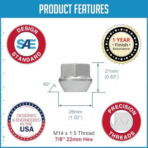 Wheel Accessories Parts 32 Pcs M14x1.5 14x1.5 Thread Open End Bulge Acorn 21mm 0.83" Long Lug Nuts Zinc 7/8" 22mm Hex Fits Chevy Silverado GMC Sierra 2500 3500 Ford F250 F350 RAM 2500 3500 32 Pack 7/8" Hex Open Chrome