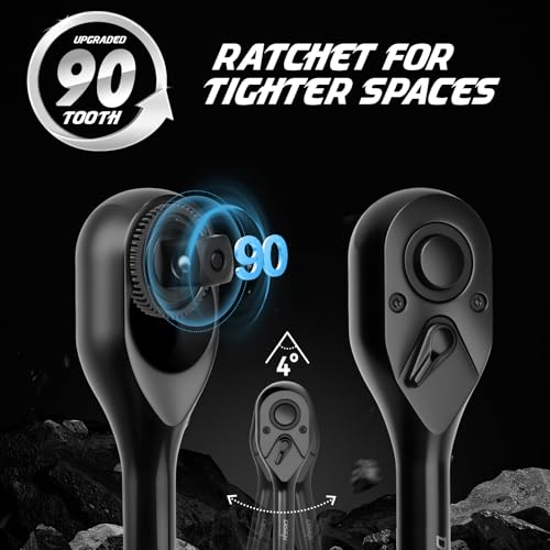 DISEN 3PCS Black Ratchet Wrench Set, 1/2", 3/8", 1/4" Drive 90-Tooth Drive 3 pieces Standard Ratchet Set - Standard Handle