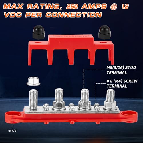 250 A 12 V Busbar 4 x M8 (5/16 Inch) Terminal Bolts DC Bus Bars Distribution Block with Cover, Negative & Positive High Performance Module BusBar Box for Car, Boat, Solar System (M8) M8-Standard