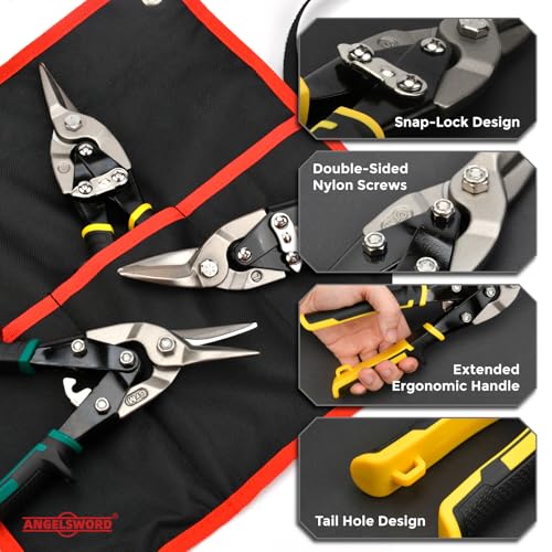 ANGELSWORD 3 PC Cr-M Aviation Tin Snips Set, 10 Inch Aviation Tin Snips, Cr-M Aviation Snips for Cutting Metal Sheet, Heavy Duty Sheet 3-Piece Set: Straight,Left,Right