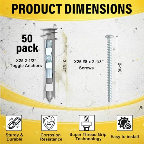 Frienda 50 Pcs Drywall Anchors Heavy Duty Self-Drilling Toggle Bolts 1/8