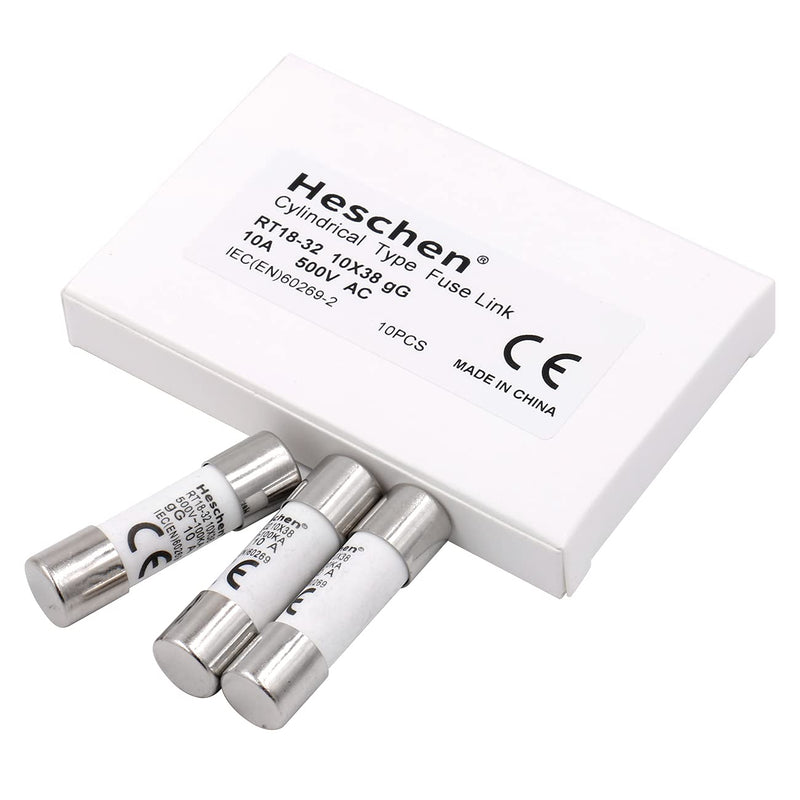 Heschen Pack of 10 Cylindrical Ceramic Tube Fuse RT18-32 (RO15) 10x38mm 10A 500V CE