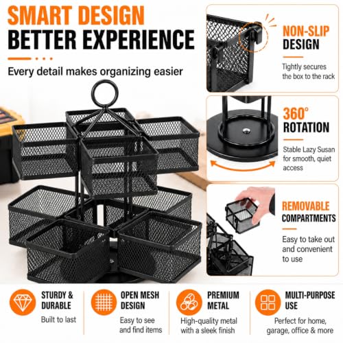 Mesh Metal Toolbox Organizer With 8 Rotating Bins, 360° Hardware Storage Rack, Small Tool Box for Screws, Nuts, Bolts, Washers, Drill Bits and Pliers in Garage Workshop, Black