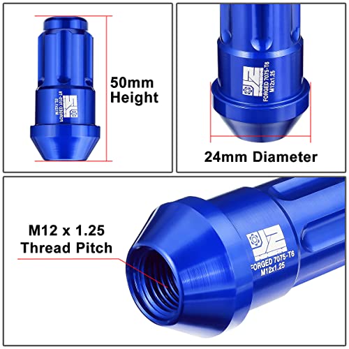 J2 Engineering J2-LN-T7-035-125-BL 20Pcs M12 x 1.25 T6-7075 Aluminum 50mm Closed End Lug Nuts w/Deep Drive Extension Adapter,Blue, 24mm x 50mm