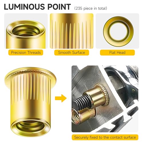 Mywish 200Pcs #10-32 Rivet Nuts & 520 Pcs M5 M6 M8 Hex Head Bolts Screws, Metric Bolt Assortment, Yellow Zinc Plated Kit, Yellow-Zinc Carbon Steel Flat Head Knurled Body RIV Nuts