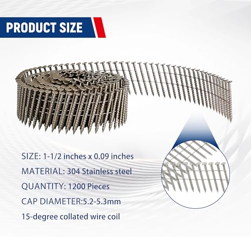 waltyotur 1200 Count Stainless Steel Coil Roofing Ring Shank Siding Nails 15-Degree Collated Wire Coil 1-1/2 Inch, 0.09 Inch Ring Shank, Small Cap Coil Stud Siding Nails 1-1/2 Inch x 0.09 Inch