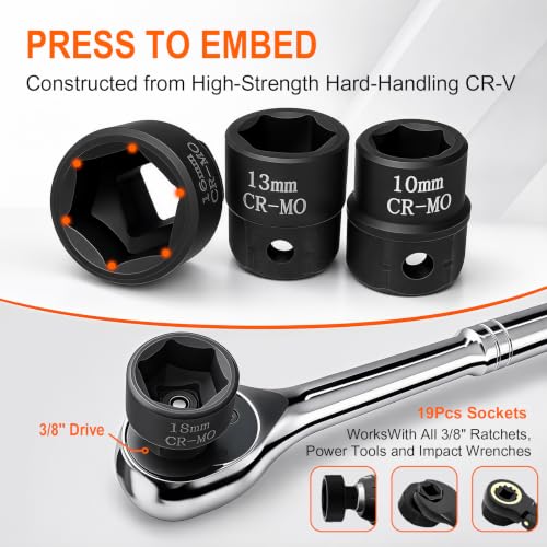 Flex Head Ratcheting Wrench Set 19-in-1, 6-24mm CR-V Steel Metric Wrench