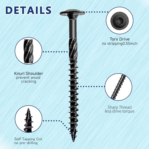 #14 x 4-1/2 Inch Structural Wood Screws Kit(55PCS), Heavy Duty Exterior Timber Screws, Black Lag Screws for Wood with Washer Head, Structural Construction Screws with T30 Star Drive Bit #14 x 4-1/2" 55