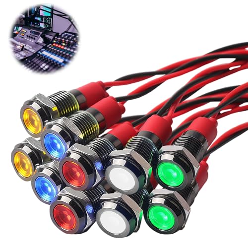 Indicator Light 6mm 12V Set of 10 Waterproof IP67 | Metal Housing Car Signal Lamp for Motorcycle/Truck/Boat, 2 each Red/Green/Yellow/White/Blue