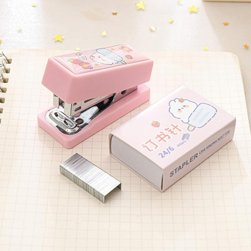 1 Set Pink Mini Stapler with No.12 Staples, Cute Rabbit Pattern Desktop Stapler, Staple Remover, Bookbinding Machine for Paper Clips Staplers for Office School Home Desk Staplers