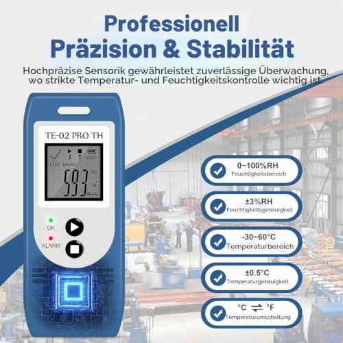 ThermElc TE-02 Pro TH USB Temperature Humidity Data Logger - High Precision Temperature Performance Monitor, Auto PDF/CSV Reporting, 32,000 Memory Points, CFR Part 21 Compliant with Alarm 1 piece.
