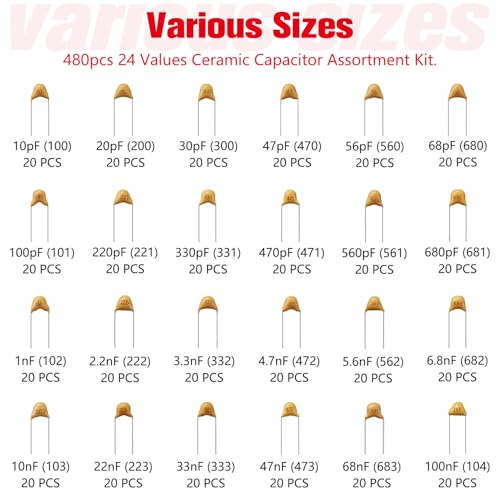 YIXISI 480 Pieces 24 Values 10pF-100nF 50V Ceramic Capacitor Assortment Kit, Multilayer Monolithic Ceramic Chip Capacitor, Ceramic Capacitor 10pF-100nF - 24 values - 480 pieces