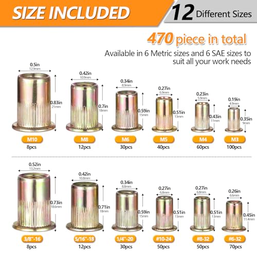 470PCS SAE & Metric Rivet Nut Kit, 6-32 to 3/8-16, M3 to M10 Metric & Sae Kit 470Pcs