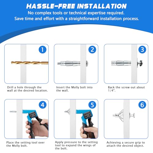 AKKTOL Molly Bolts for Drywall & Plaster Walls (0.12"-1.28"), Easy to Use with Setting Tool, 36 PCS Heavy-Duty Hollow Wall Anchors in 6 Sizes, Holds Up to 65 LBs, Includes Storage Box