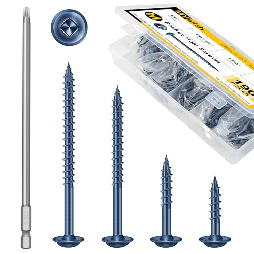 Mywish 190Pcs #8 Pocket Hole Screws, Wood Screws Assortment Kit & Blue 190Pcs #8 x 1, 1-1/4", 2", 2-1/2", Self Tapping Pocket Screws with Square Drive, with 150MM Pocket Hole Drill Bit