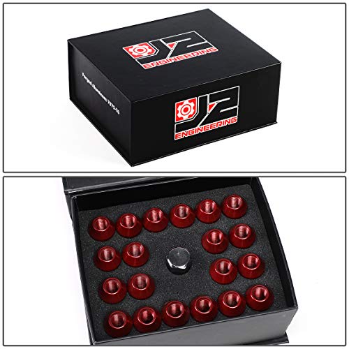 J2 Engineering 7075 Aluminum M12 x 1.25 20 Pcs 50mm Open End Lug Nut Set w/Adapter Red fit Vehicles with 4 or 5 Lug M12x1.25 Threads