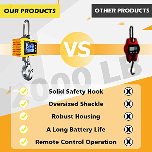 YATOINTO 2200lb Digital Crane Scale High Precision Heavy Duty Industrial Hanging Scale with Remote Control Aluminum Case CE Certified Electronic Weighing Crane Scale, for Garage Farm Hunting Fishing S-2200LBS-Yellow
