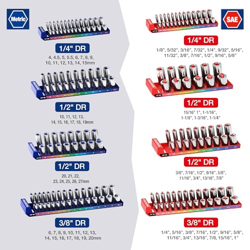 WORKPRO Socket Organizer Set, 8PC 1/4" 3/8" 1/2" Drive Socket Holder 8 Pieces-1/4", 3/8", & 1/2" DR, SAE & Metric