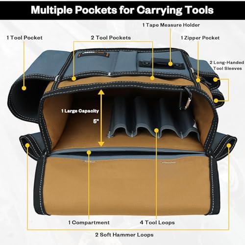 MELOTOUGH Professional Tool Belt Pouch,Small Tool Pouch with Belt,Left/Right Hammer Holder,Design Multi-Functional Pockets for Electrician/Carpenter/Construction, Waist Fits 32-50 Inches,Khaki