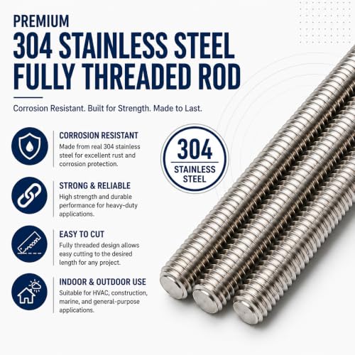 304 Stainless Steel Fully Threaded Rod, Metric All Thread Rod for HVAC, Construction, CNC, 3D Printer & DIY, Corrosion Resistant Threaded Bar, M8 x 300mm, 1.25mm Pitch, 4PCS
