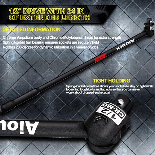 1/2" Drive 25-Inch Breaker Bar, Heavy Duty Extension Breaker Bar with 250° Swivel Head, CR-MO Steel, Defeats Rusted and Frozen Fasteners 1/2" 25 inch