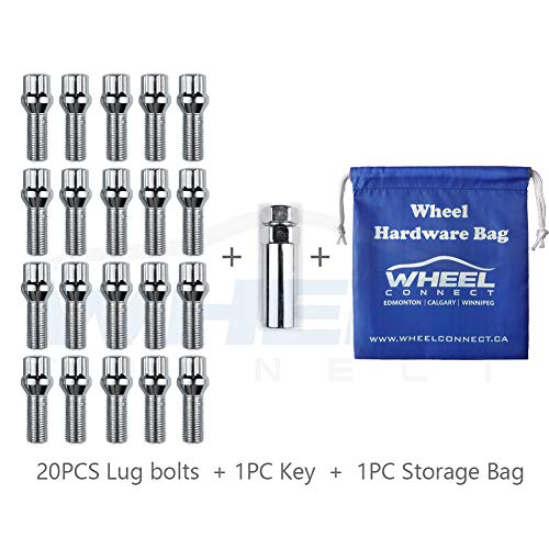 WHEEL CONNECT Spline Lug Bolts,14x1.5,Acorn for Conical Seat. Set of 20 with 1 Key and 1 Storage Bag, for Aftermarket Custom Tuner Wheel, Steel, Chrome Finish.M14 X 1.50. M14 X 1.50