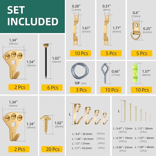 M8x65mm Lag Bolts for TV Wall Mount, TV Mount Screws Kit & 357Pcs Picture Hanging Kit, Assorted Picture Hangers Hardware Set with, Nails, Sawtooth Hangers, Hanging Wire D-Rings, Level, Metal