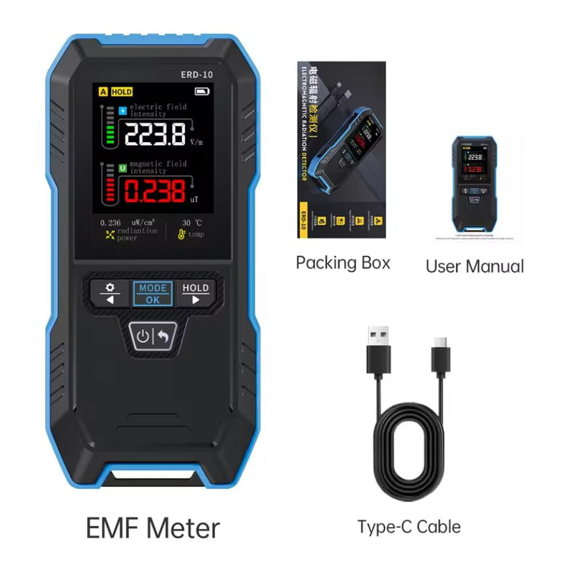 4-in-1 EMF Meter ERD-10 Electromagnetic Field Detector for EF-RF-MF Temperature Measurement