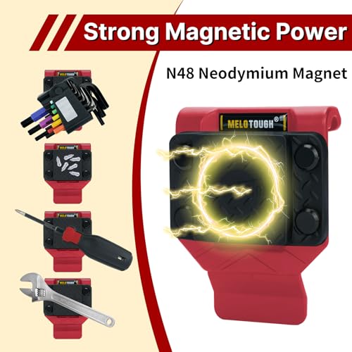 MELOTOUGH Small Tool Backpack for Men 30 Multi-Storage Pockets Heavy Duty Tool Bag Backpack, Magnetic Tool Holder, N48 Strong Magnetic Belt Clip (Red)