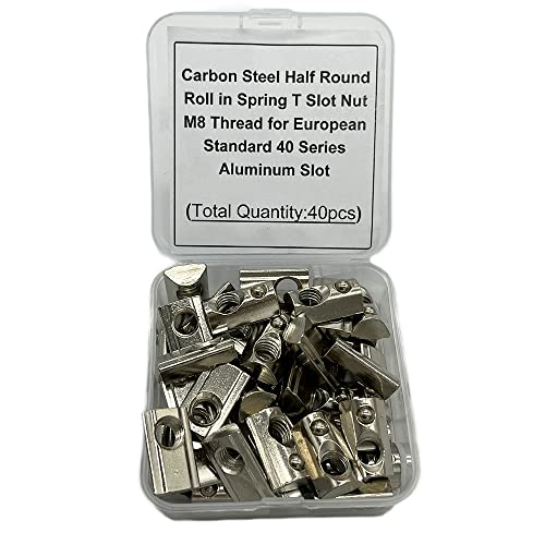 40Pcs M8 Thread T Slot Spring Nuts, Silver Carbon Steel Nickel-Plated Half Round Roll in Spring T Slot Nut for European Standard 4040 Series Aluminum Extrusion Profile (A Pack of 40pcs)