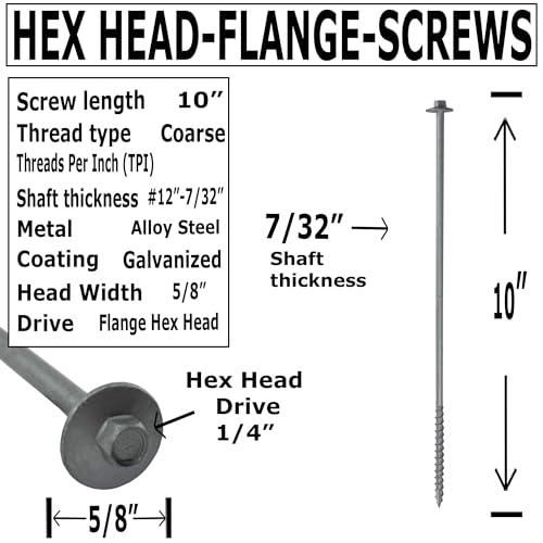 BRAUNY BOY - #12 x 10”- Extra Long Structural Lag Heavy Duty Construction Wood Screw – Galvanized Corrosion Resistant Coating Exterior Timber, Landscape - Easy Flange HEX Head Drive - Qty (25) 25