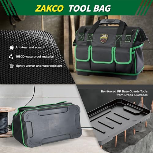 16 inches Top Opening Tool Tote, 1680D Durable Tool Organizer for Plumber, Electrician, Handyman, HVAC Technicians Tool Bag, Tool Carrying Case with Padded Strap, Green 16 Inches