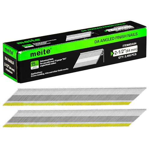 meite 15 Gauge 34 Degree Finish Nails Set 1-1/4 Inch & 2-1/2 Inch Galvanized Angled Finishing Nails for Finish Nailer Gun - Cabinet Crown Baseboard Door Trim