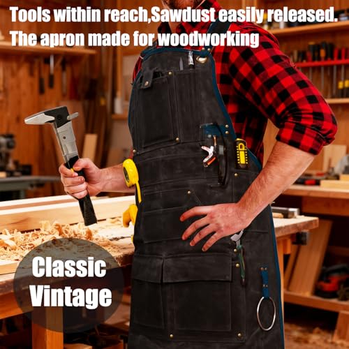 20-Pocket Heavy-Duty Waxed Canvas Work Apron – Fully Adjustable, Vintage Style Tool Organizer Black