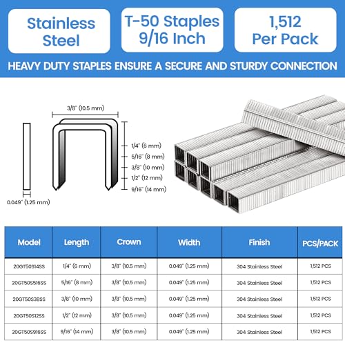 meite 9/16" Stainless Steel T-50 Staples - 1,512 Counts and Assorted 3 Sizes (1/4", 3/8", 1/2") Stainless Steel T-50 Staples - 2,520 Counts
