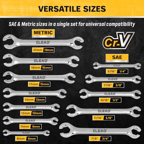 ELEAD 14-Piece Flare Nut Wrench Set with PTFE Tape, Metric & SAE 1/4"-7/8"& 6-21mm, Brake Line Wrench Set Double Open End with Organizer Pouch for Repairing and Removing Nuts Silver