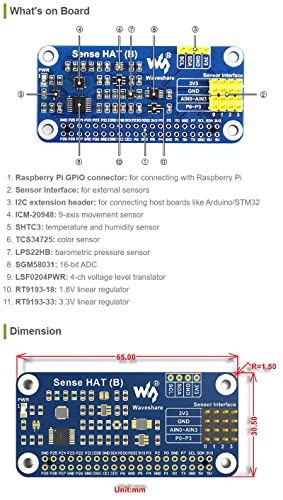 Waveshare Sense HAT (B) for Raspberry Pi Onboard Multi Powerful Sensors Such as Gyroscope Accelerometer Magnetometer Barometer Temperature Humidity Sensor Communicated via I2C Interface