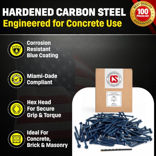 Hex Head Concrete Screw Anchor (1/4 x 2-3/4") 100 Pieces with Drill Bit (Miami-Dade Compliant) Chenango Supply