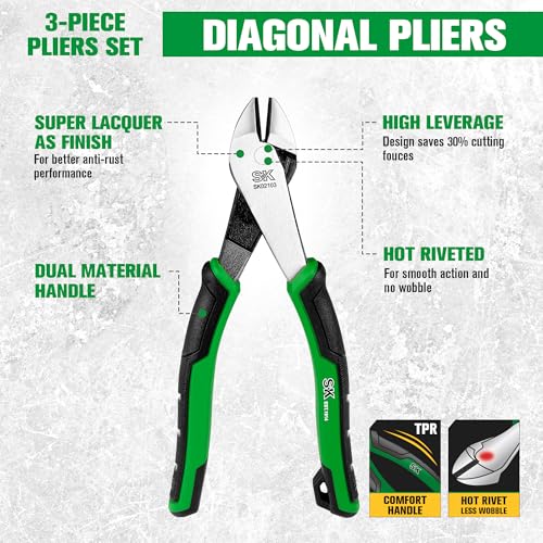 SK Pliers Set, 9.5'' Linesman, 8'' Diagonal & Needle Nose Pliers, 3-Piece 3-Piece Pliers Set