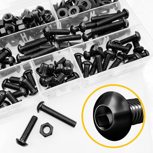 Mywish 900Pcs M3 M4 M5 M6 Metric Screw Assortment & 240 Pieces M6 Screw Nuts and Bolts Assortment Kit, Button Head Socket Cap Nuts and Bolts, Flat Washers with Hex Wrenches