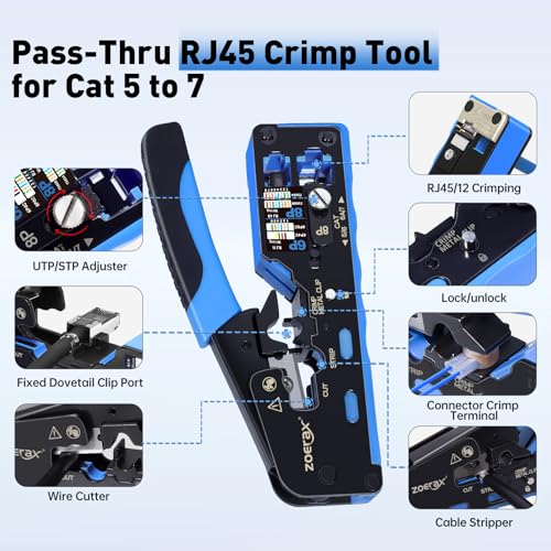 Professional Network Tool Kit, ZOERAX 14 in 1 - RJ45 Crimp Tool, Cat6 Pass Through Connectors and Boots, Cable Tester, Wire Stripper, Ethernet Punch Down Tool