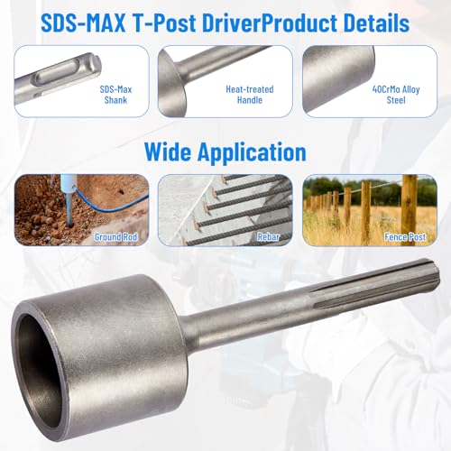 SDS Max Shank T-Post Driver, 2" Diameter Head for SDS-Max Rotary Hammers 2 Inch