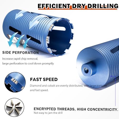 2" Dry Core Drill Bit for Brick and Block with 3 Adapters Included: SDS Plus, SDS Max and 1/2" Hex Shank, 9.5" Drilling Depth Core Bits for Concrete, Brick, Masonry, 5/8"-11 Thread 2 Inch