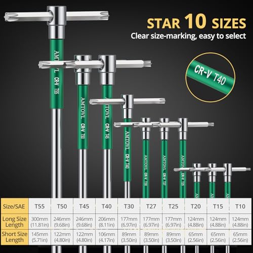 AMTOVL T-Handle Star Wrench Set - TORX, 10 Pcs T10-T55, Sliding Handle,