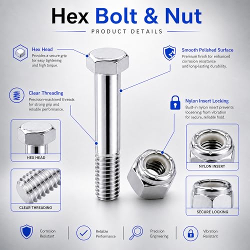 50 Sets Zinc-Plated Caster Axle Bolts & Nylon Lock Nuts, 5/16-18 x 2.2 Inch