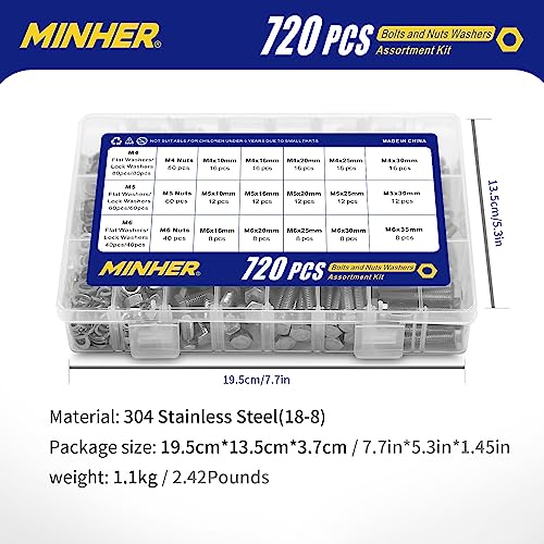 MINHER 720PCS M4 M5 M6 Bolts and Nuts Assortment Kit 304 Stainless Steel(18-8) Hex Screws Nuts & Washers, Includes 15 regular sizes M4, M5, M6 (720PCS)