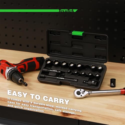 TecoTek 16-Piece 3/8" Drive Shallow Magnetic Impact Socket Set, Metric, 7mm-19mm, 6 Point, CR-MO, Magnetic Socket with Universal Joint & Extension 3/8" Drive Metric