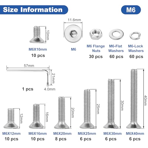 206 Pcs Metric M6 Flat Head Hex Socket Cap Screws Assortment Kit, M6x 10/12/16/20/25/30/40mm Internal Hex Drive Allen Bolts Nuts and Washers Set, 304 Stainless Steel, Fully Threaded, Pitch: 1.0mm